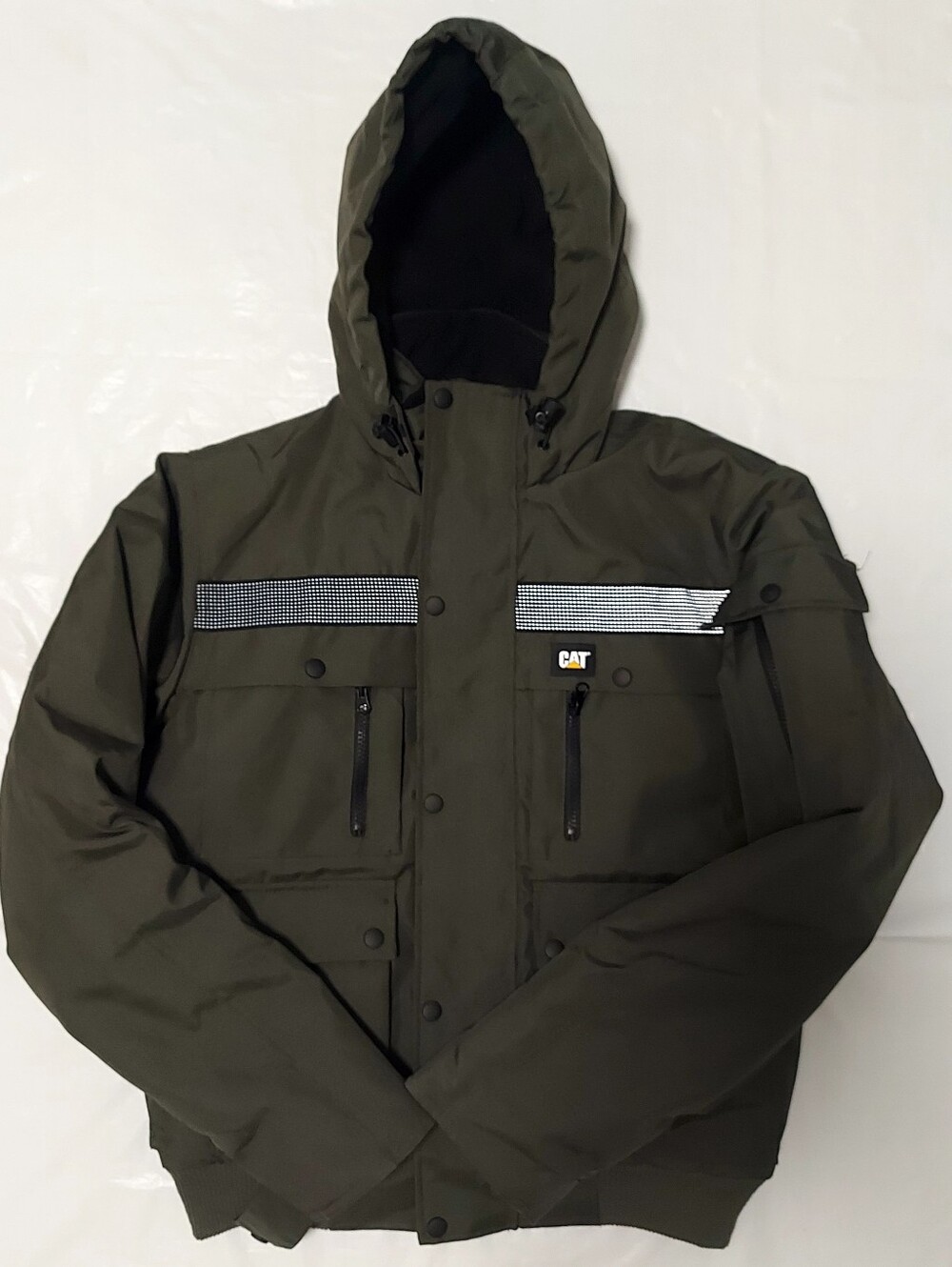 Caterpillar CAT Mens Hooded Workwear Jacket Insulated Reflective Olive Green